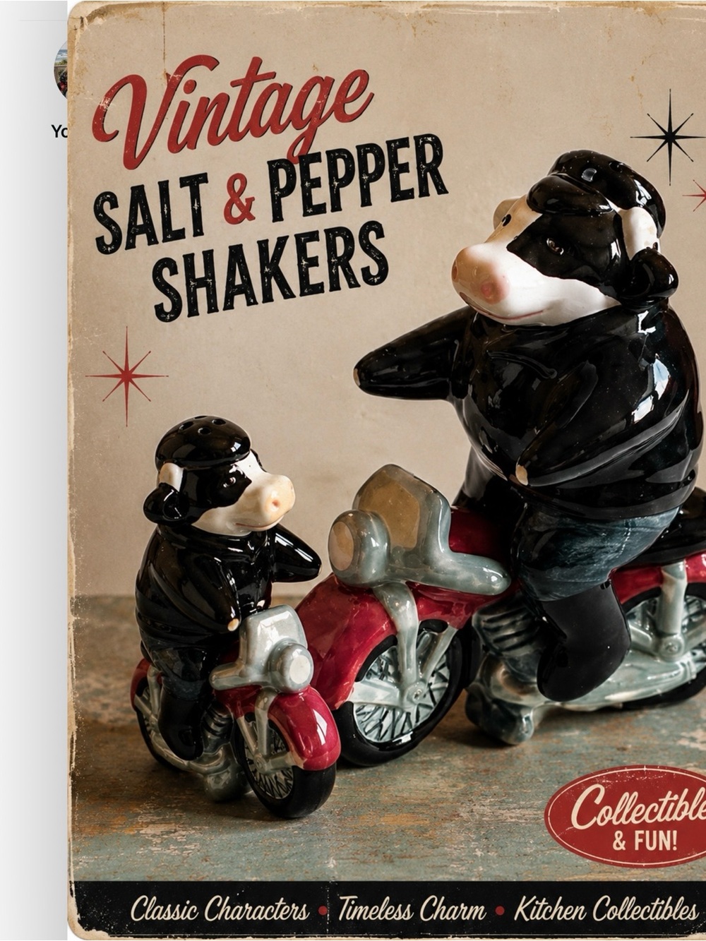 Vintage Cow on Motorcycle Salt and Pepper Shakers